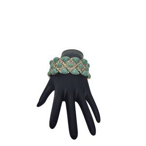 Gold Tone, Clear Rhinestones And Aqua Blue Cabochons Bracelet (6240)